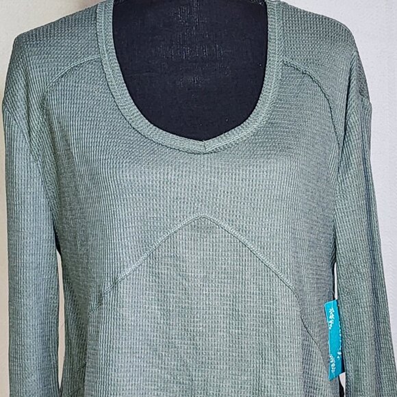 Fringe Studios Green Cotton Poly LS Deep Side Slit High Low Waffle Knit Top Sz M - Picture 2 of 16